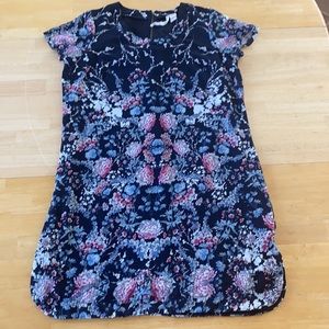 JAPNA. Vintage Large Mini Shift Dress Navy Blue with White & Pink Floral Print.